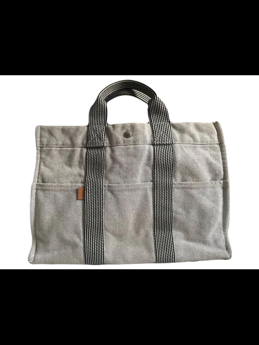 Hermes Gray Canvas Messenger Tote with Striped Handles